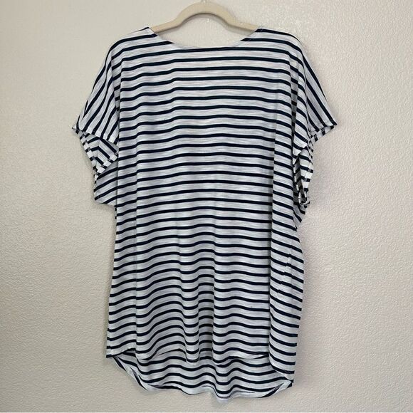 Lane Bryant Blue White Striped Embroidered Neckline Short Sleeves Top - Picture 5 of 9